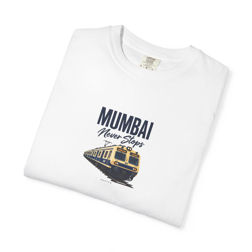 Mumbai Never Stops — Rooted White Garment-Dyed T-Shirt