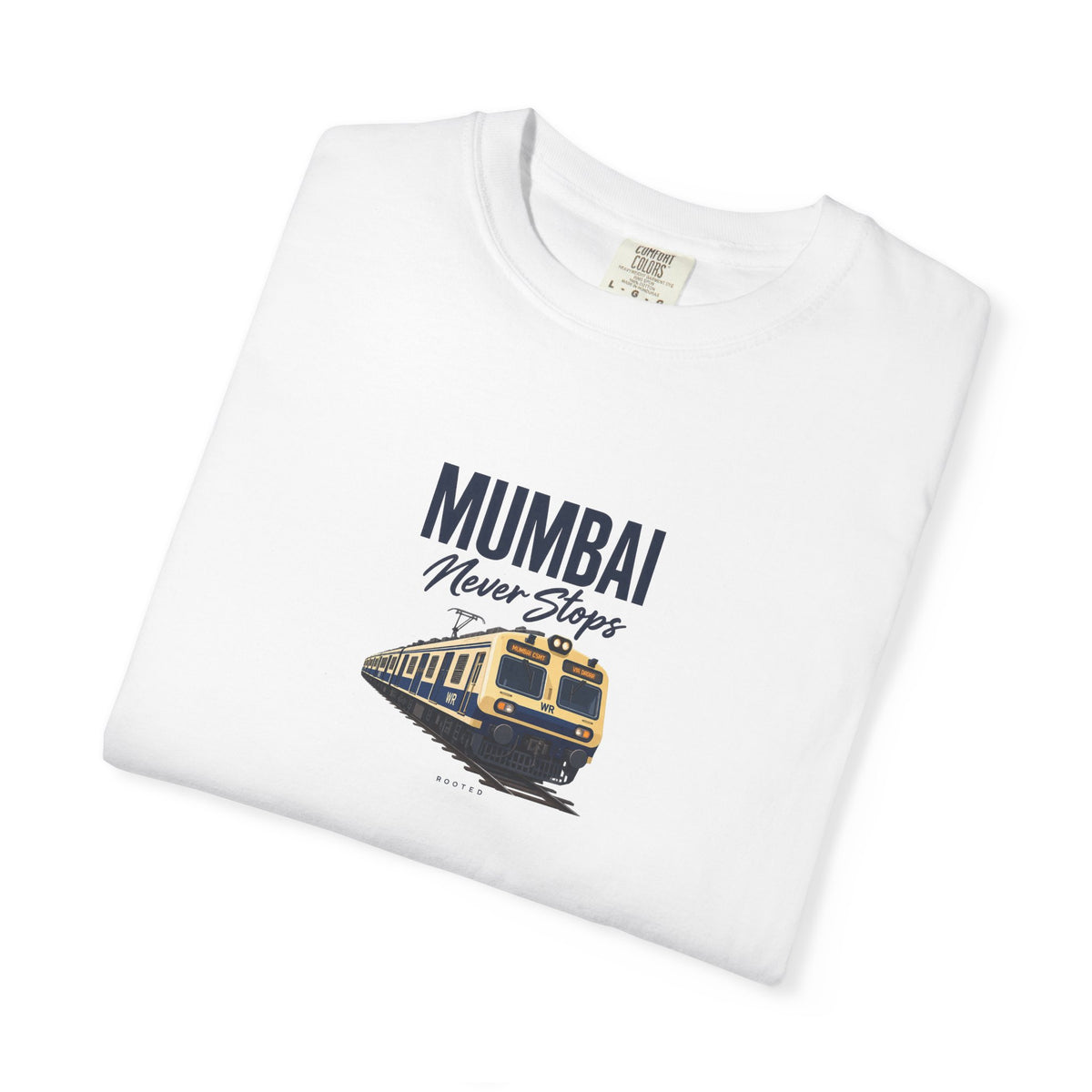 Mumbai Never Stops — Rooted White Garment-Dyed T-Shirt