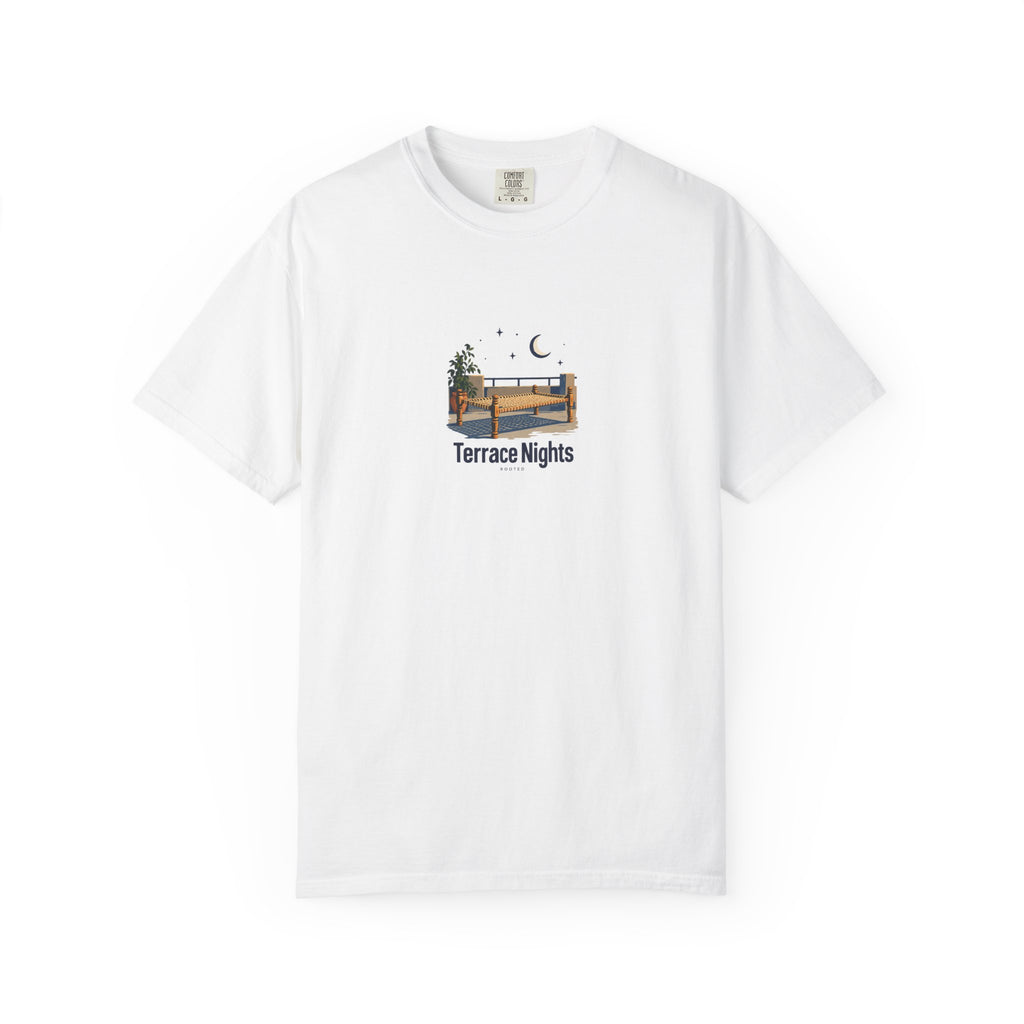Terrace Nights — Rooted White Garment-Dyed T-Shirt