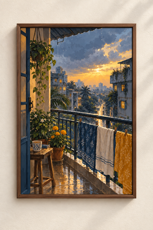 After the Rain — Maharashtra Art Print shown in a walnut frame. Styling mockup; frame not included.