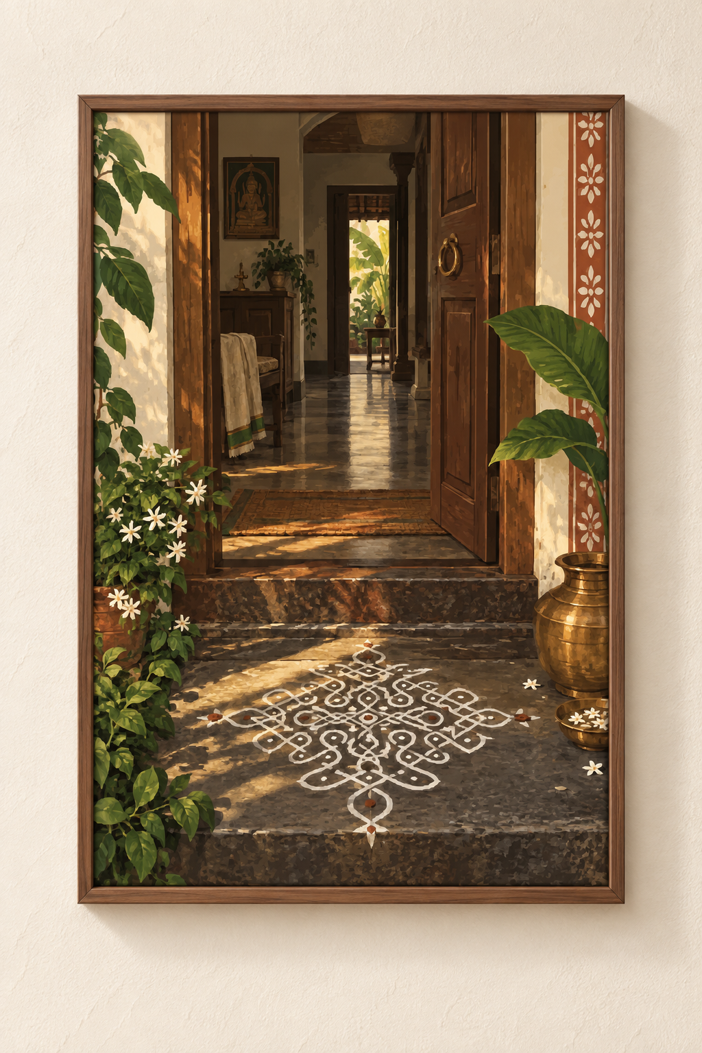 Before the House Wakes — Tamil Nadu Art Print shown in a walnut frame. Styling mockup; frame not included.