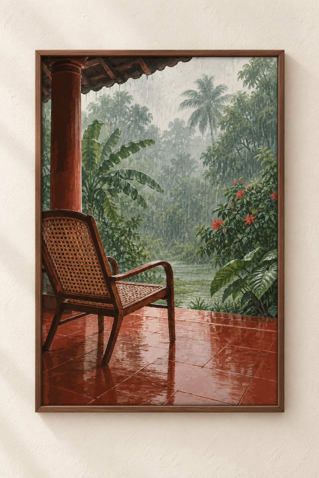 The Rain I Remember — Kerala Art Print shown in a walnut frame. Styling mockup; frame not included.