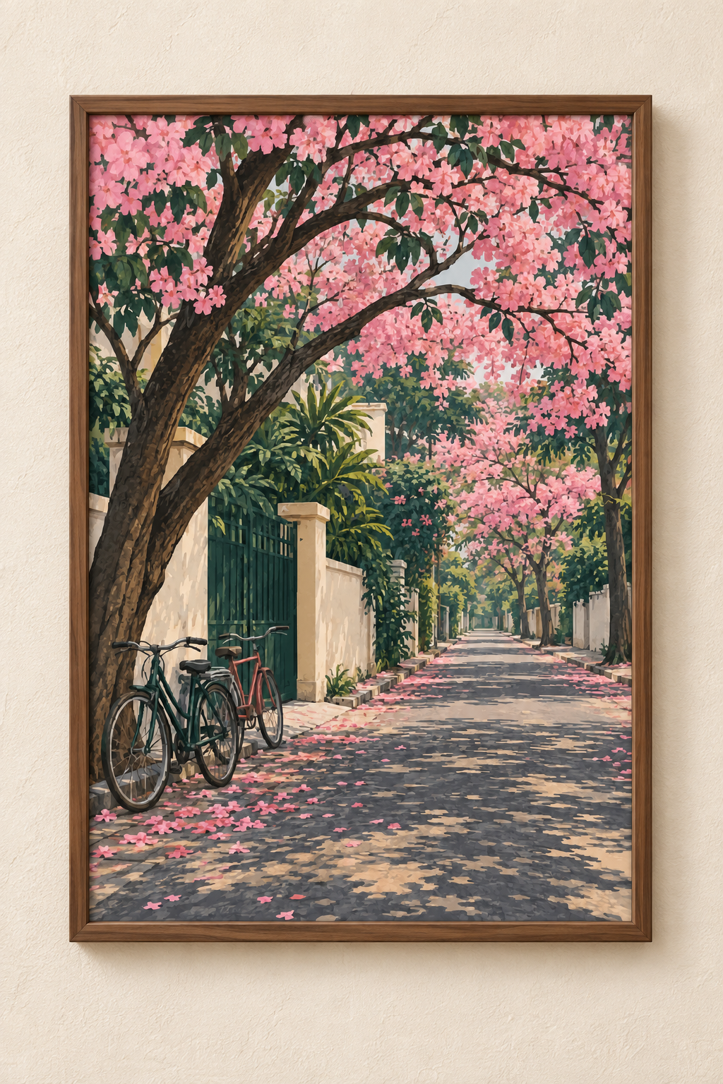 The Road with the Pink Trees — Karnataka Art Print shown in a walnut frame. Styling mockup; frame not included.