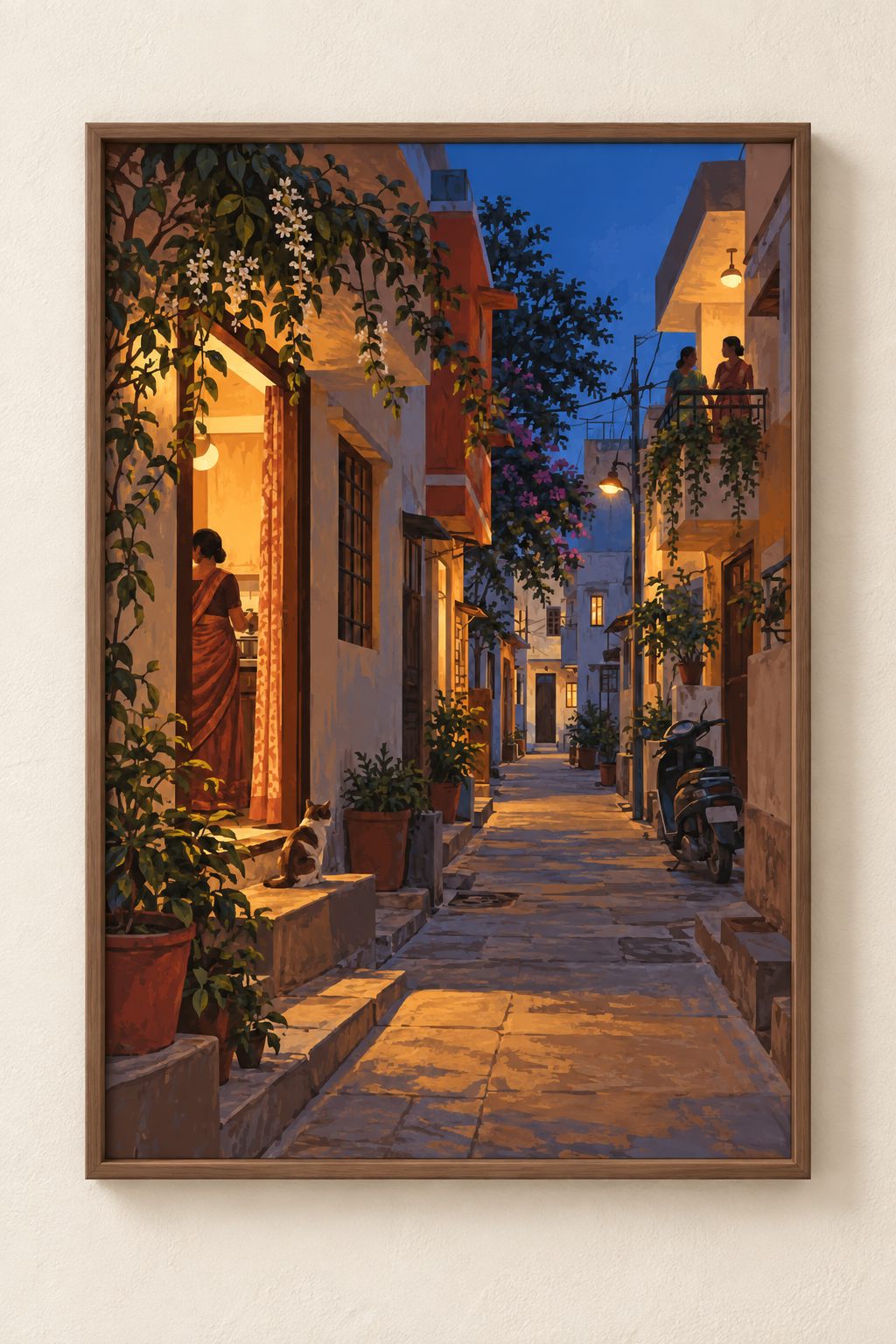 The Lane Before Dinner — Telangana Art Print shown in a walnut frame. Styling mockup; frame not included.
