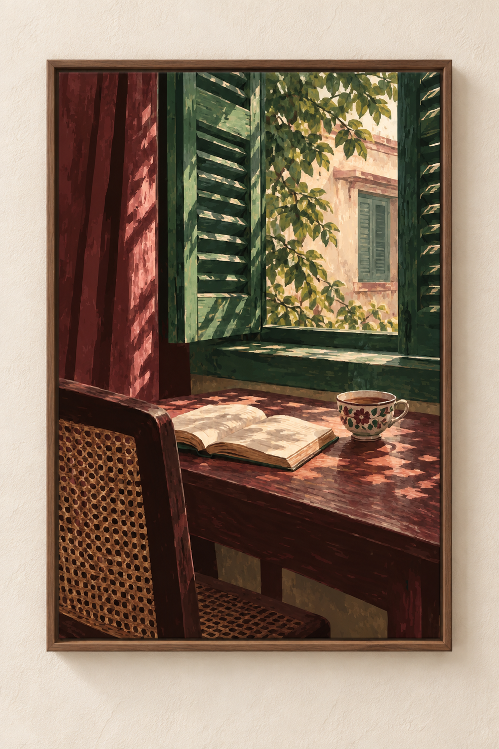 The Window We Sat Beside — West Bengal Art Print shown in a walnut frame. Styling mockup; frame not included.