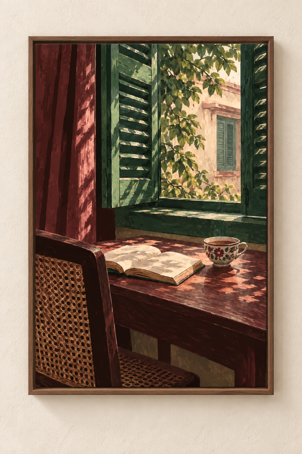 The Window We Sat Beside — West Bengal Art Print shown in a walnut frame. Styling mockup; frame not included.