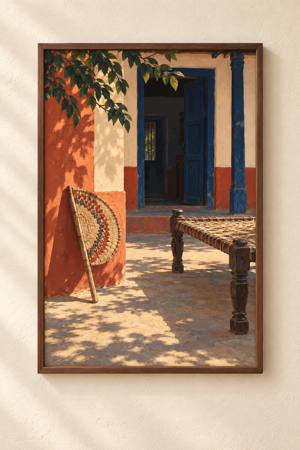 The Fan in the Courtyard — Bihar Art Print shown in a walnut frame. Styling mockup; frame not included.