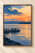 Evening by the Brahmaputra — Assam Art Print shown in a walnut frame. Styling mockup; frame not included.