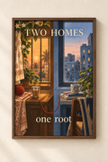 Two Homes, One Root — Two Homes Art Print shown in a walnut frame. Styling mockup; frame not included.