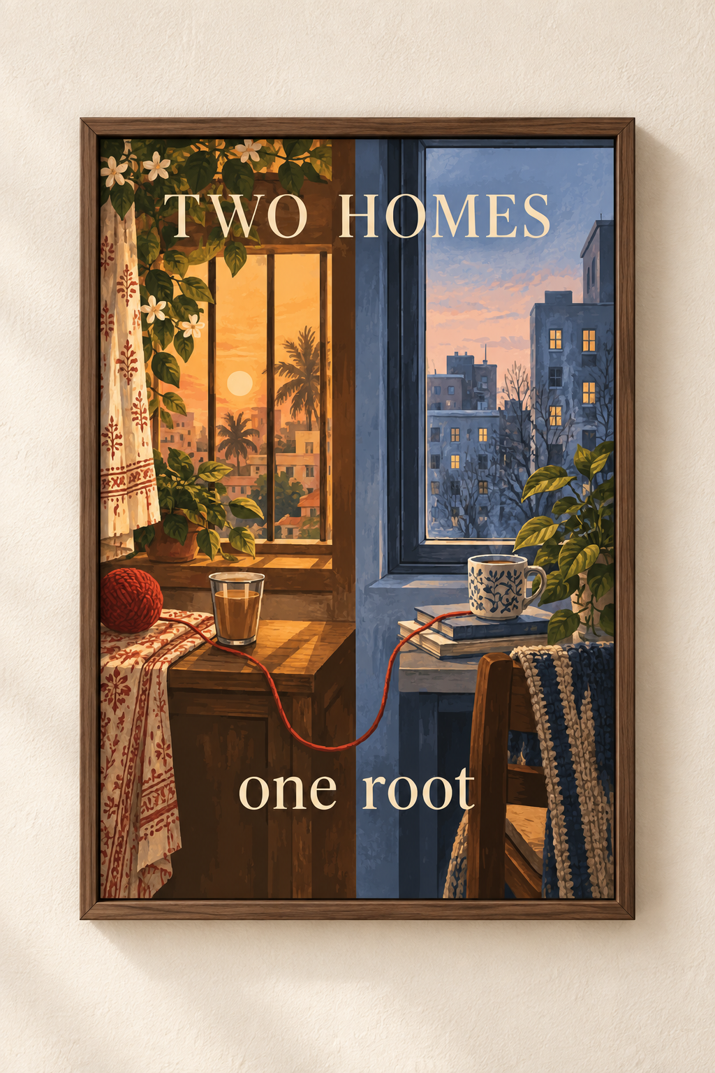 Two Homes, One Root — Two Homes Art Print shown in a walnut frame. Styling mockup; frame not included.
