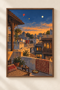 Above the Pol — Gujarat Art Print shown in a walnut frame. Styling mockup; frame not included.