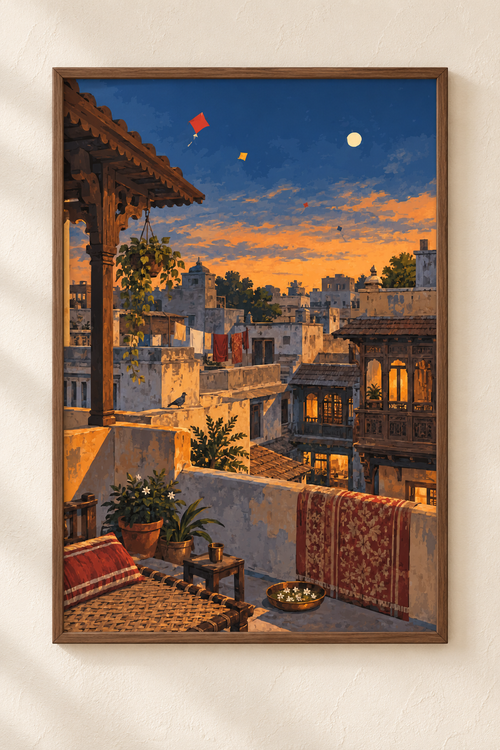 Above the Pol — Gujarat Art Print shown in a walnut frame. Styling mockup; frame not included.