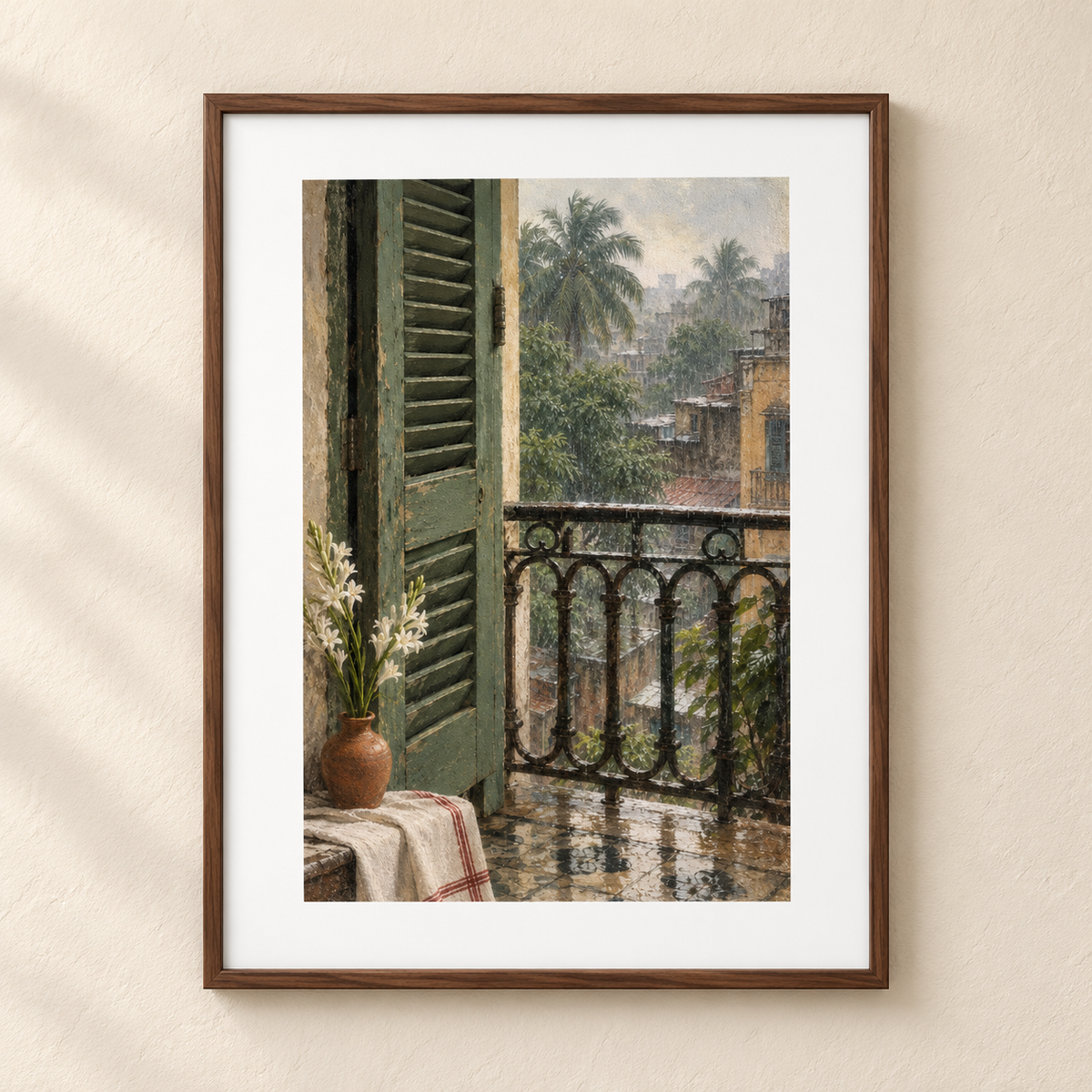 Monsoon Veranda — Bengal Matte Art Print | 11 × 14 in shown in a walnut frame. Styling mockup; frame not included.