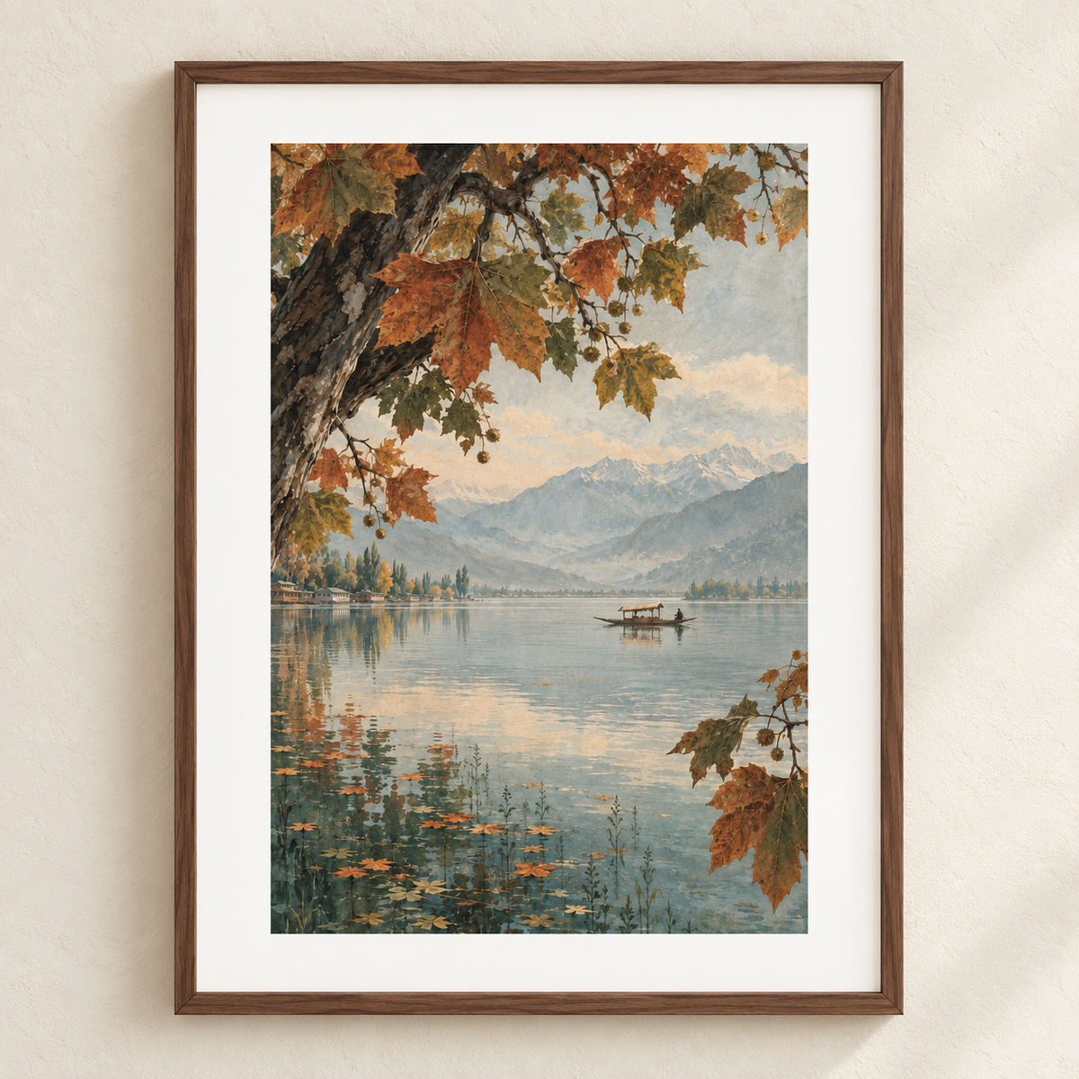 Chinar Reverie — Kashmir Matte Art Print | 11 × 14 in shown in a walnut frame. Styling mockup; frame not included.