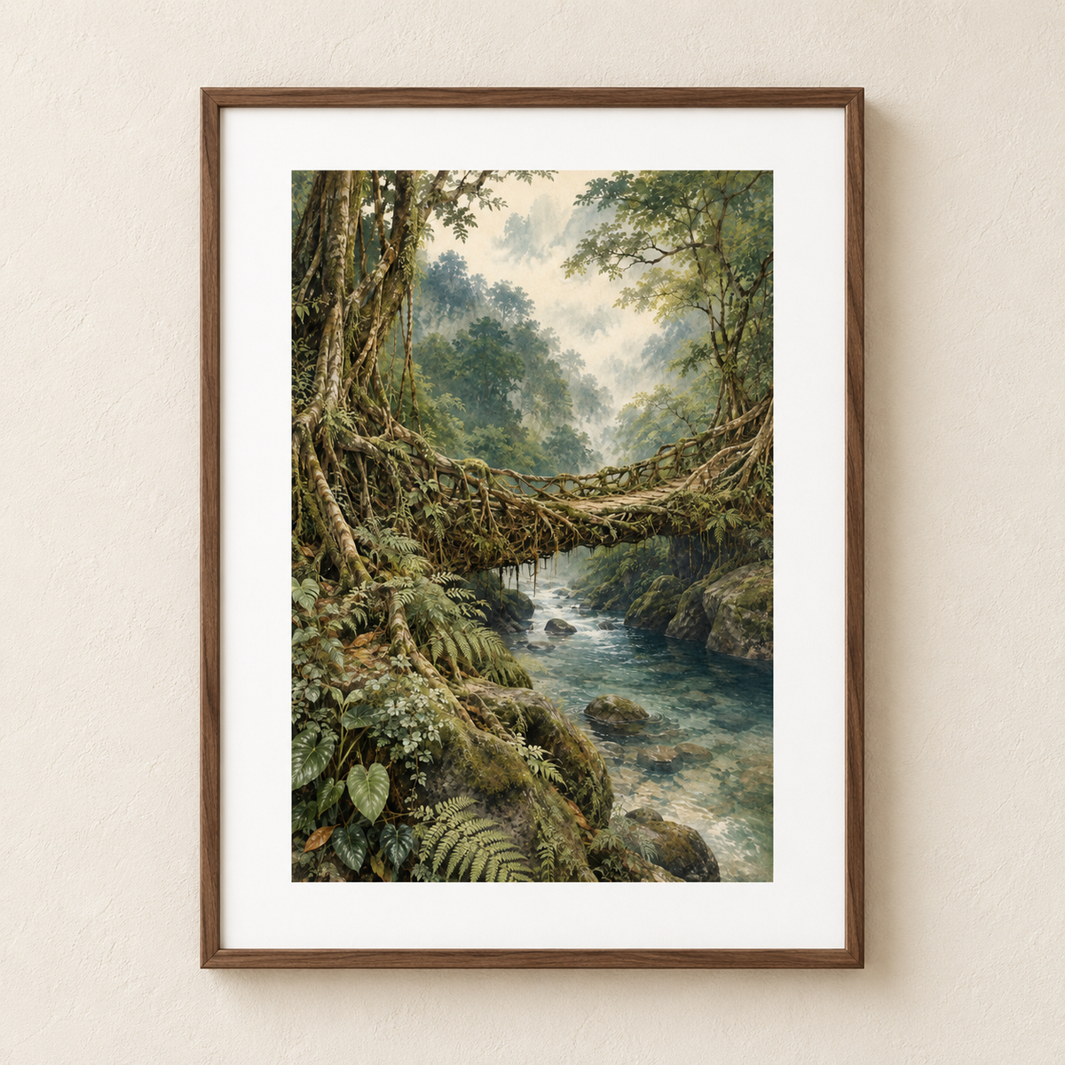 Living Threads — Meghalaya Matte Art Print | 11 × 14 in shown in a walnut frame. Styling mockup; frame not included.