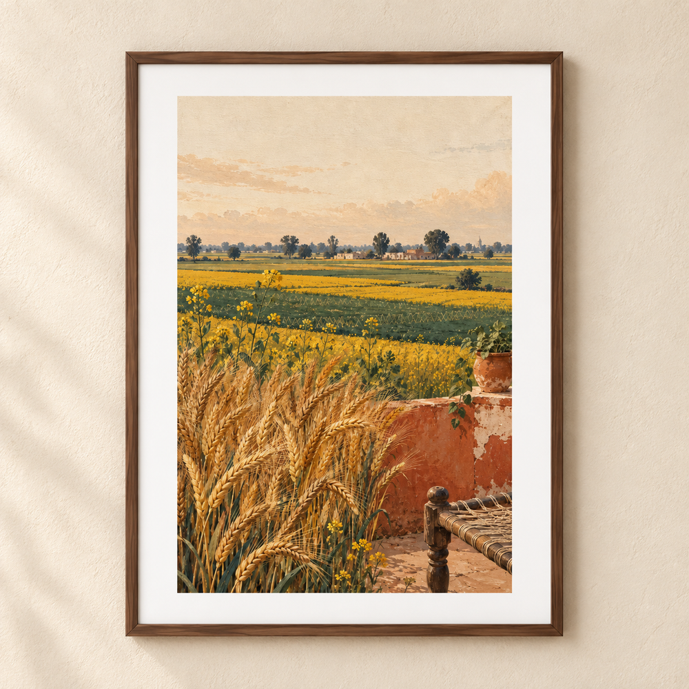 Fields of Belonging — Punjab Matte Art Print | 11 × 14 in shown in a walnut frame. Styling mockup; frame not included.