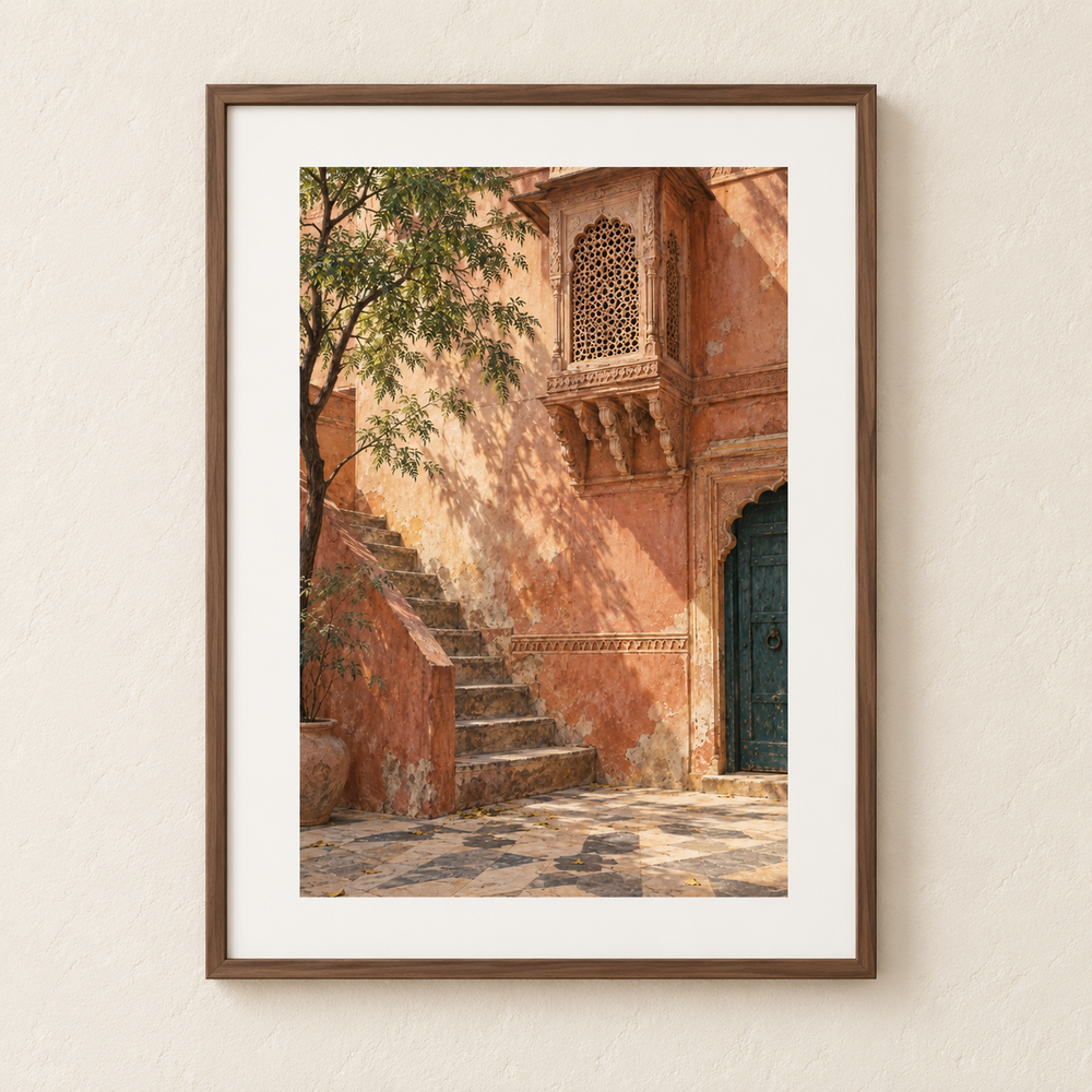 The Quiet Courtyard — Rajasthan Matte Art Print | 11 × 14 in shown in a walnut frame. Styling mockup; frame not included.