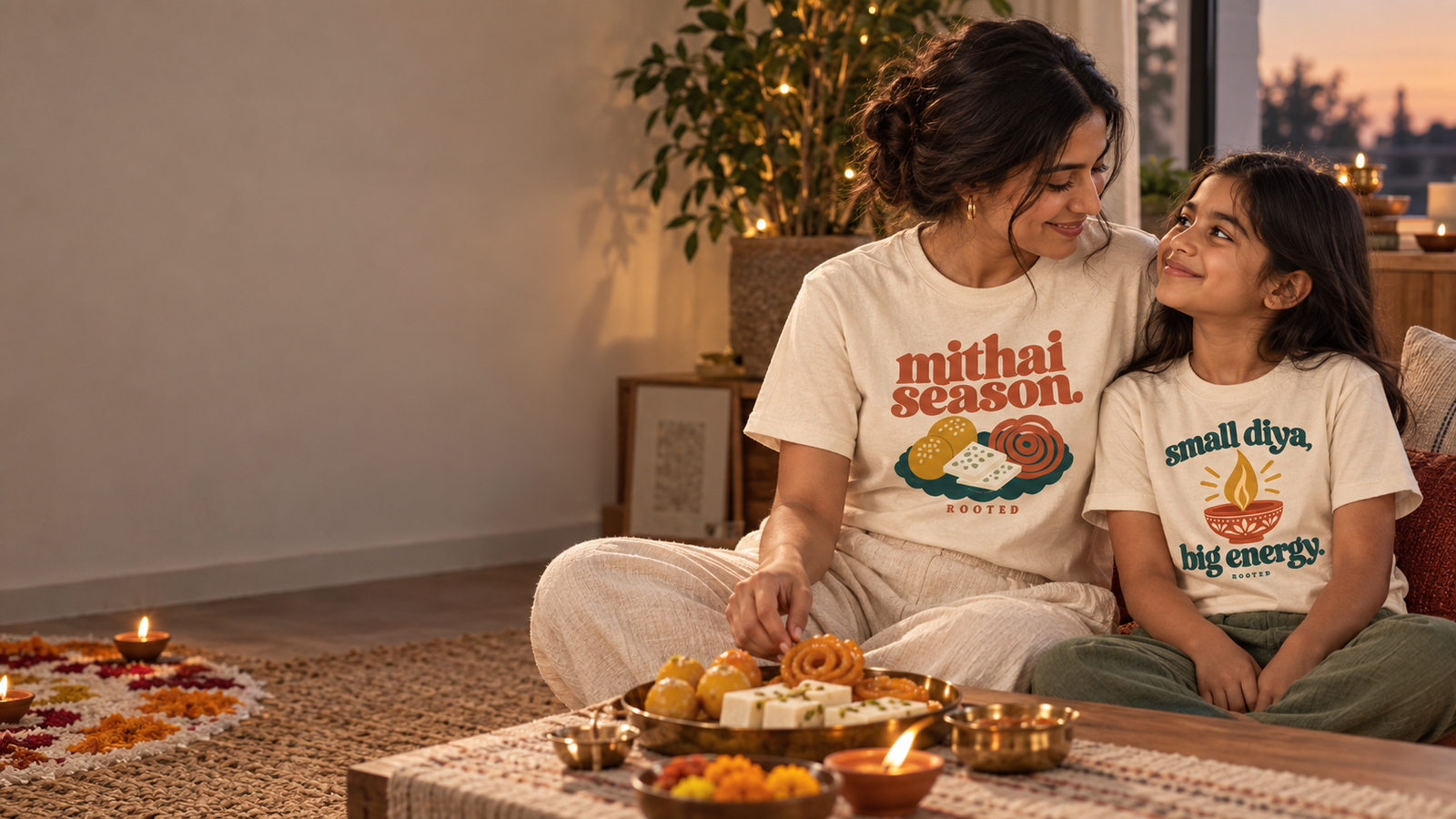 Mother and daughter wearing Rooted Mithai Season and Small Diya, Big Energy tees