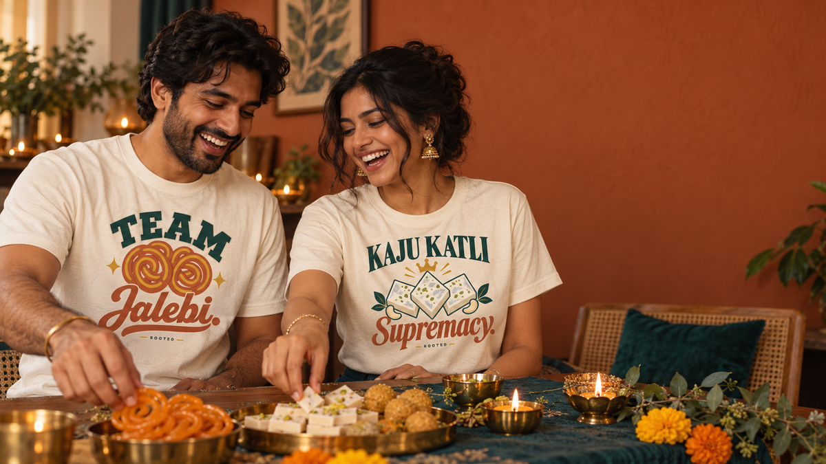 Rooted Team Jalebi and Kaju Katli Supremacy tees styled together