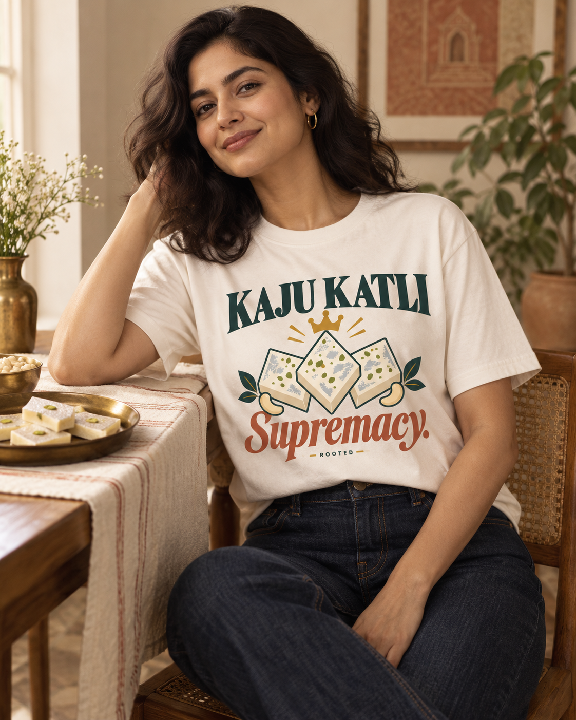 Kaju Katli Supremacy tee model shoot in warm heritage light