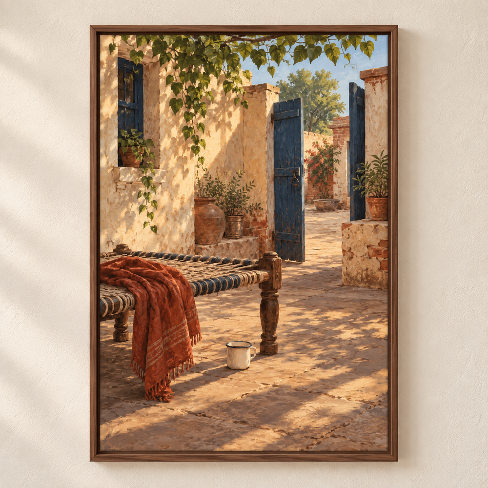 The Courtyard at Four shown in a walnut frame. Styling mockup; frame not included.
