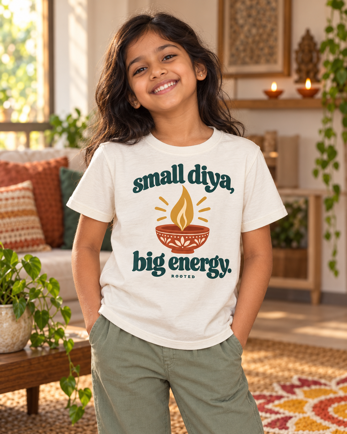 Small Diya, Big Energy youth tee model shoot in warm light
